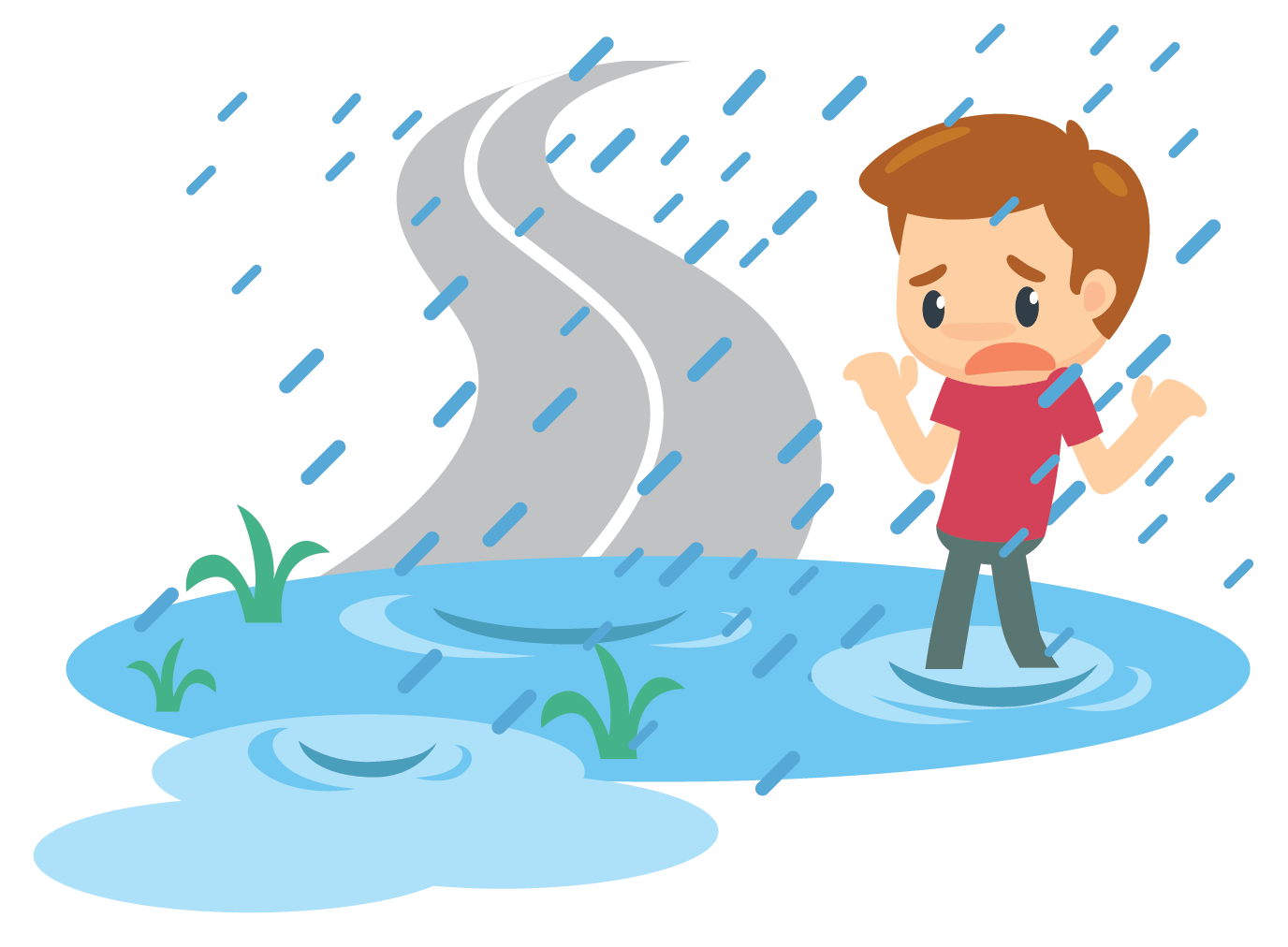 Illustration of a boy standing in a puddle while it rains