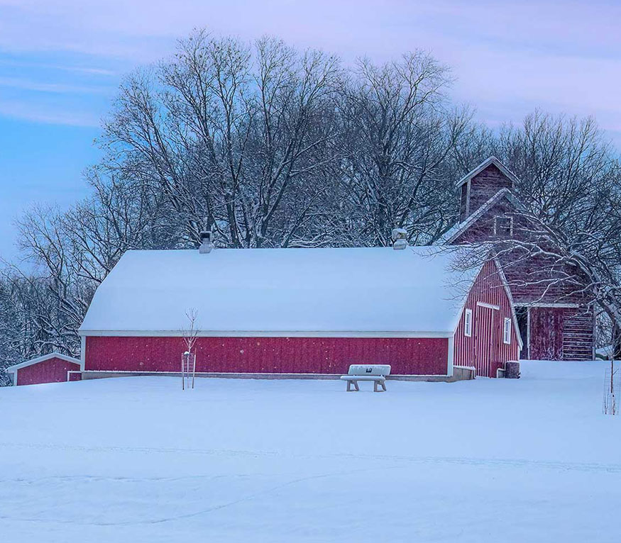 two red barns a field and trees covered in snow